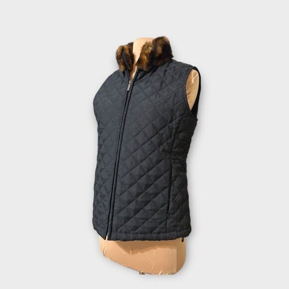 Vintage Quilted Vest Fur Trimmed XS Petite Black Lauren RL 2000s EUC Equestrian - Picture 2 of 9